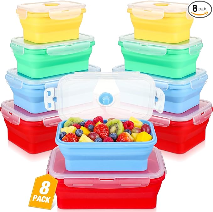 Set of 8 Silicone Collapsible Bowls for Camping with Vent Lid Silicone Storage Containers for Food Meal Preparation Square Bowl Microwave Freezer Dishwasher Safe(Vibrant Color,Assorted Sizes)