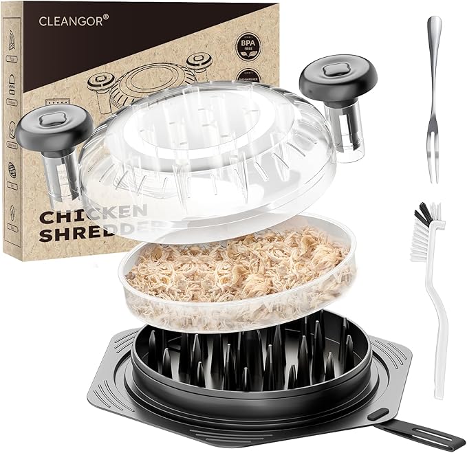 CLEANGOR Chicken Shredder Tool Twist Large, BPA Free Meat Shredder | with Ergonomic Handle, Non-Slip Food Shredder Tool for Pork, Beef, Set of Chicken Breast Shredder with Brush & Fork