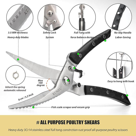 KUNIFU Poultry Shears, All Purpose Heavy Duty Kitchen Scissors For Food Turkey Meat Chicken Herbs, Cooking Scissors Utensils, Kitchen Gadgets Black