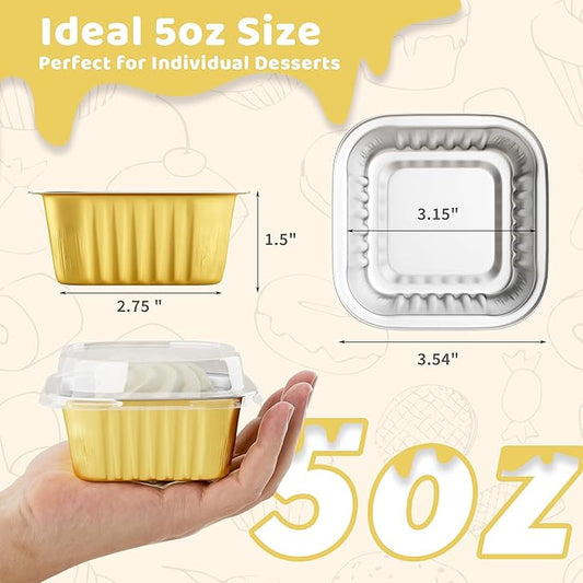 40 Pack 5 OZ Mini Cake Pans with Lids, Disposable Square Aluminum Foil Brownie Baking Cups, Mini Aluminum Foil Cupcake Muffin Tin Ramekins, Flan Molds Cake Containers for Wedding Birthday Party