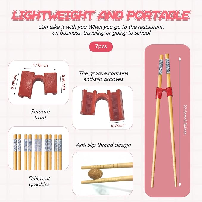 EAEDMY 7 Pairs Training Kid Adult Chopsticks and Trainers for Beginners, Japanese Wooden Beginners Training Chopsticks Helpers Set, Reusable, Dishwasher Safe, L8.86Inch (2.Japanese pattern B)