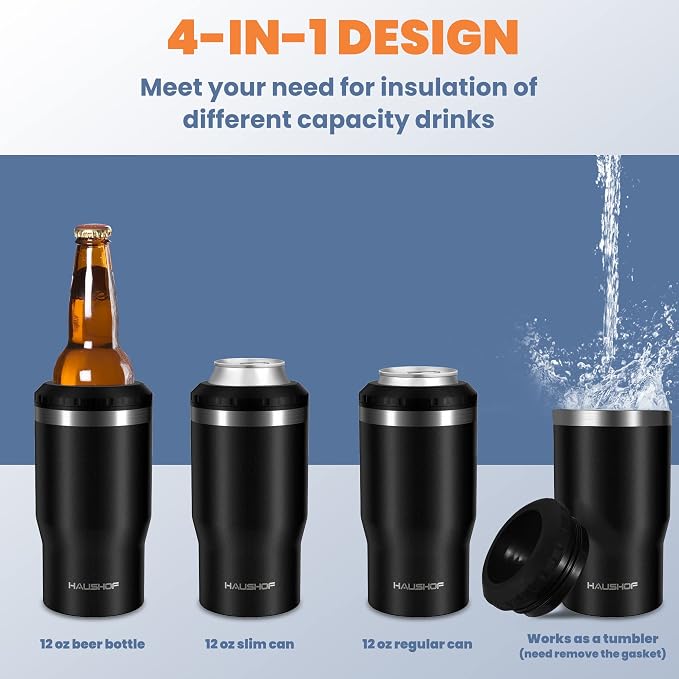 HAUSHOF 4-in-1 Insulated Can Cooler Fits 12oz Cans & Beer Bottle, Black | Double-Wall Vacuum Insulated, 18/8 Stainless Steel, BPA-Free Lid, Slim Can Cooler for Camping, Beach & Picnic