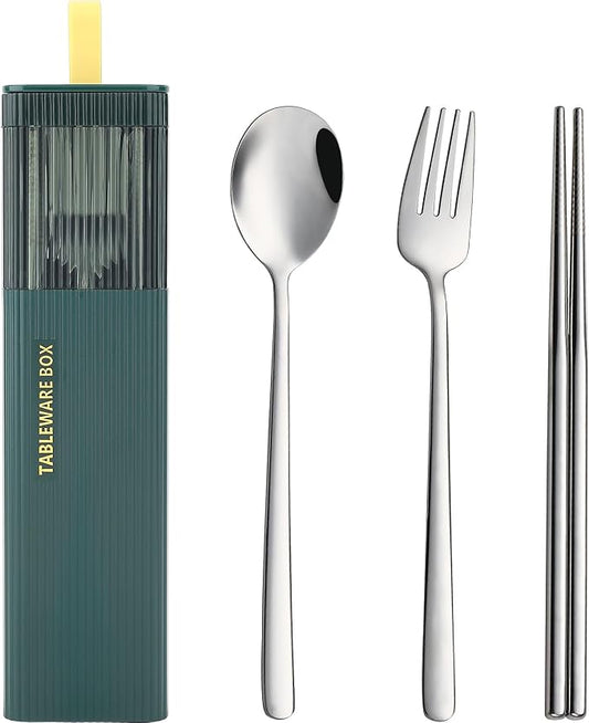 DEVICO Travel Utensils with Case, 4Pcs Korean Chopsticks Fork and Spoon Set | 18/8 Stainless Steel Portable Cutlery Set, Reusable Silverware for Lunch Box/Camping/Work/School, Dishwasher Safe, Dark Green