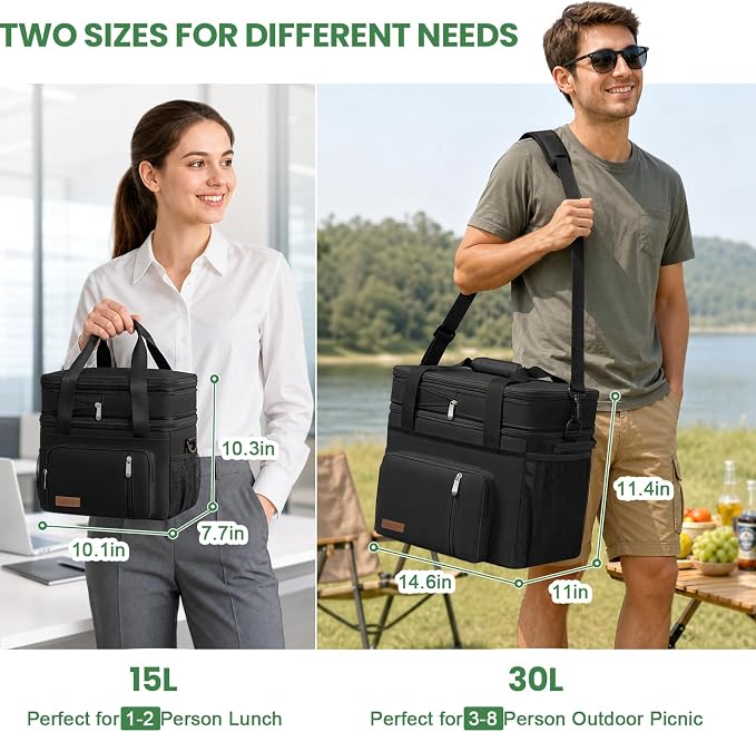 MIYCOO Lunch Bag for Women & Men, Expandable Double Deck Lunch Box, 15L | Leakproof & Waterproof, Portable, Large Soft Insulated Cooler bag for Adult, Work, Camping, Beach, Picnic, Travel