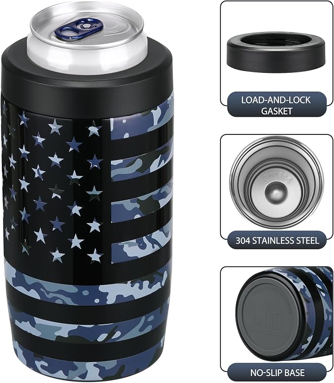 MAXSO Slim Can Cooler, 4-in-1 Double Walled Stainless Steel Insulated Beer Can Holder, Works With All 12 Oz Cans,Bottles & As A Pint Cups - Camo Flag
