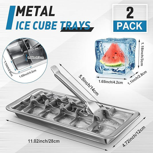 2 Pcs 18 Slot Stainless Steel Ice Cube Maker and Tray Ice Cube Tray for Bars Kitchens Levers Remove Cubes Easy Removal Metal Food Grade Freezer Molds for Food Juice Dishwasher Safe