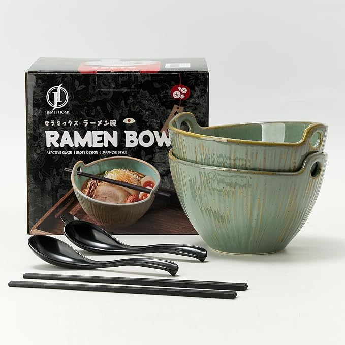 Ramen Bowl with Chopsticks and Spoons Set, 7 Inch Ceramic Noodle Bowl Set of 2, Donburi Bowl Dishwasher Safe for Pho Udon Soba Noodle Salad Pasta, Special Wild Sage Earth Bowls Set