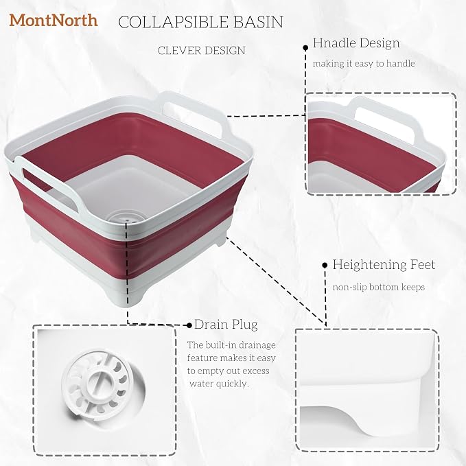 Collapsible Wash Basin 9L, Foldable Dish Tub with Drain Plug, Portable Collapsible Dish Basin, Camping Sink for Washing Dishes, Laundry & Kitchen Use (Viva Magenta)