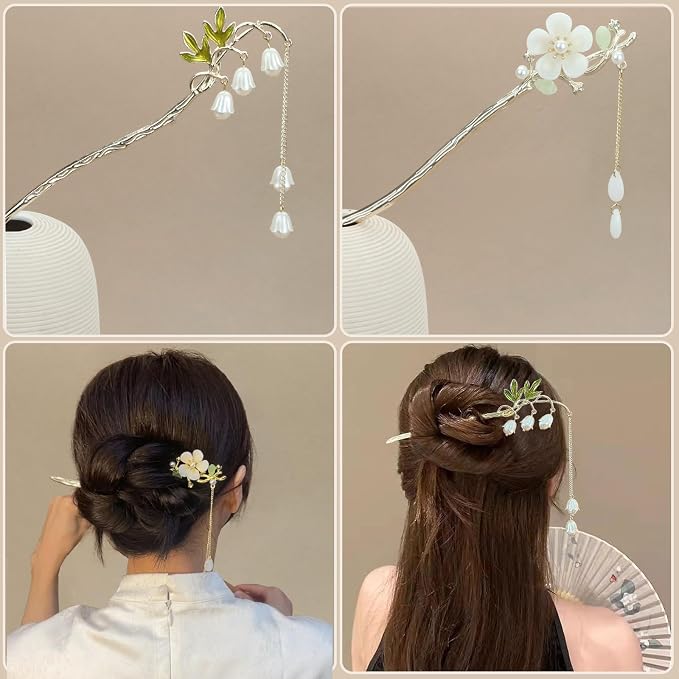 2Packs Lily of the Valley Chinese Hair Sticks for Buns, Pearl Flower Vintage Metal Hair Chopsticks for Women and Girls Dangle Tassel Pendant Hair Accessories Hanfu Handmade Decor Hairpin (white)