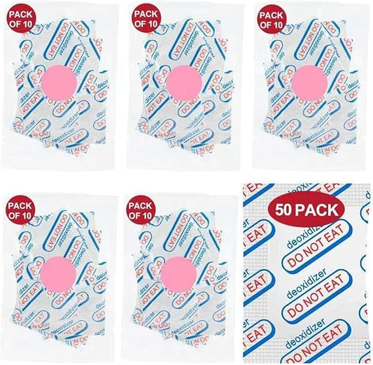 50 Packs 500CC Food Grade Oxygen Absorbers （10 Packs in Individual Vacuum Bag, 5X Packs of 10, Oxygen Absorbers For Long Term Food Storage, with Oxygen Indicator, for Mylar Bags, Mason Jars