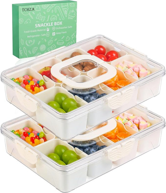 2Pack Snackle Box Containers Dishwasher Safe Divided Serving Tray with Lid | Charcuterie Board for Portable Snack Platters, Clear Organizer with Handle for Fruits Snacks, Perfect for Road Travel