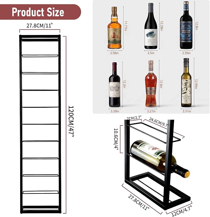 Wall Mounted Wine Rack: Metal Hanging 10 Bottle Wine Holder Liquor Storage | for Champagne & Magnum - Professional Grade for Wine Collectors - Rust-Resistant Matte Black Metal