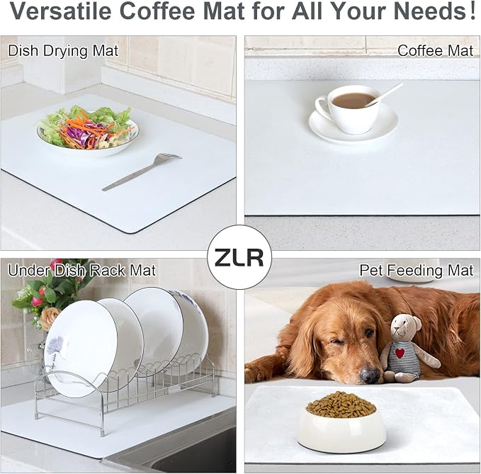 ZLR Coffee Bar Mat for Espresso Machine, 12"x20" Medium, Milk White | Absorbent Dish Drying Mat, Stain-Hiding PU Top, Non-Slip Back, Fits Grinder, Knock Box, Tamper & Milk Frother