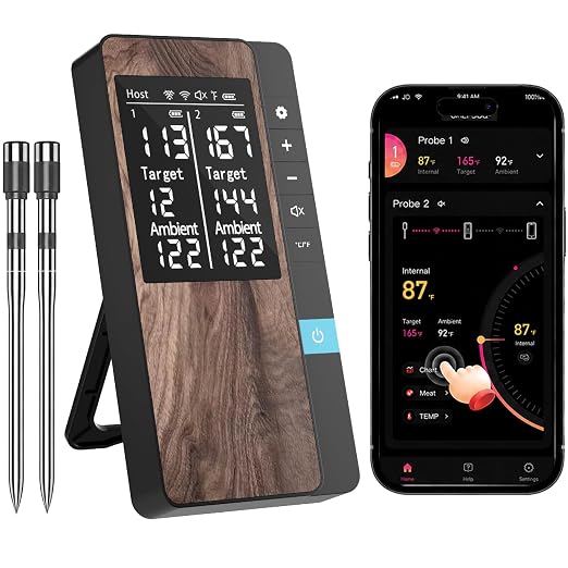 Smart Bluetooth Wireless Meat Thermometer with 2 Thin Probes | Standalone Display Base, Backlit LCD display, Certified Accuracy ±0.5°F, BBQ Smoker Grill Oven, Brisket Steak Turkey Pork