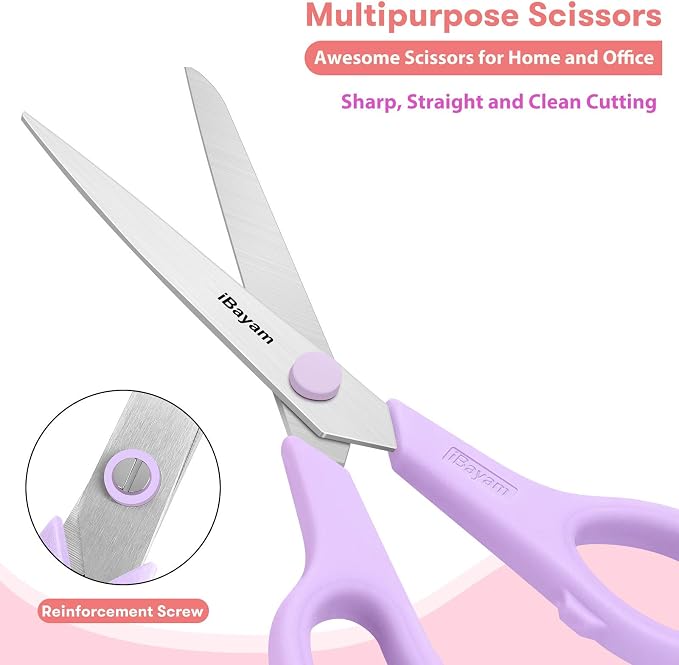 iBayam 8.5" Scissors All Purpose, 2.5mm Sharp Blade, 3 Cute School Office | Soft Comfort-grip, Left/Right Handed, Cuts Cardboard, Fabric, Vinyl & Leather for Office, Classroom, School & Craft Desk