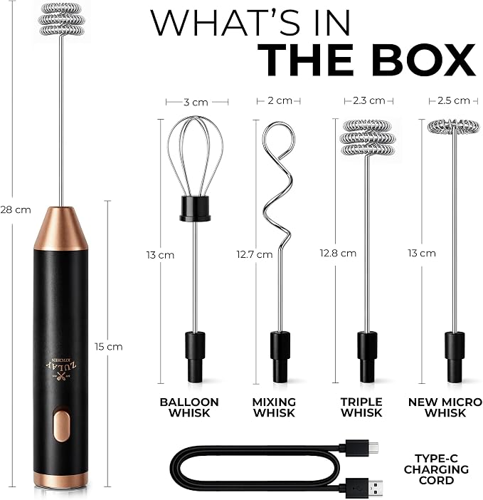 Zulay Kitchen Rechargeable Milk Frother Handheld - Frother Wand, Drink Mixer, Electric Whisk Frother, for Cappuccinos, Matcha & Protein Powder - Ultra Metal 3 Whisk, 1800mAh Black Copper