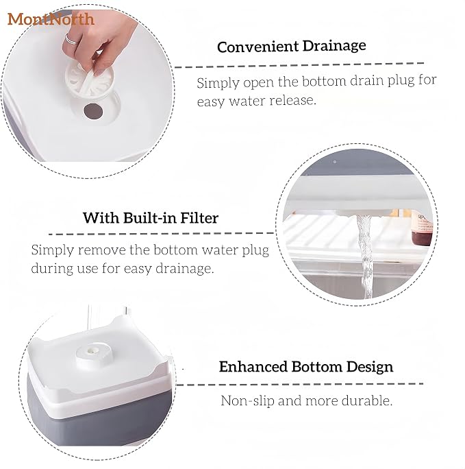 MontNorth Collapsible Wash Basin 9L, Foldable Dish Tub with Drain Plug, Portable Collapsible Dish Basin, Camping Sink for Washing Dishes, Laundry & Kitchen Use,Gray