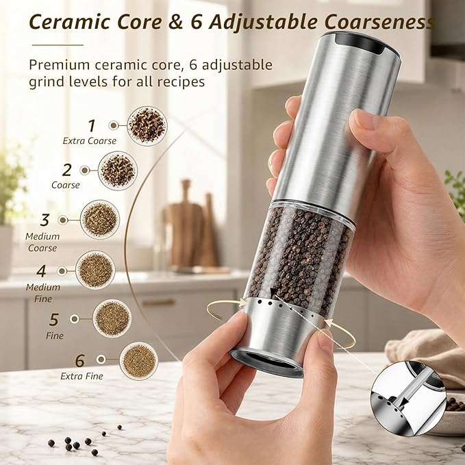 Electric Salt and Pepper Grinder Set Type-C Fast Charging, Automatic Salt and Pepper Shakers Adjustable Coarseness, Stainless Steel Rechargeable Salt and Pepper Grinder with LED Light