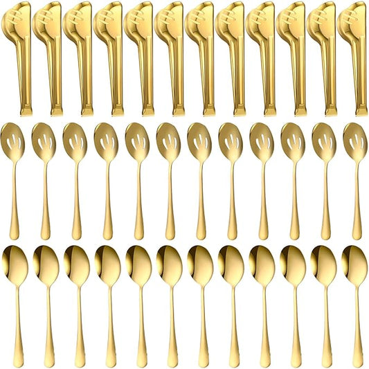 Sabary 36 Pcs Stainless Steel Serving Utensils for Buffet Parties Including 12 Serving Spoons 12 Slotted Spoons 12 Serving Tongs Large Metal Flatware Set for Tanksgiving Catering Banquet(Gold)
