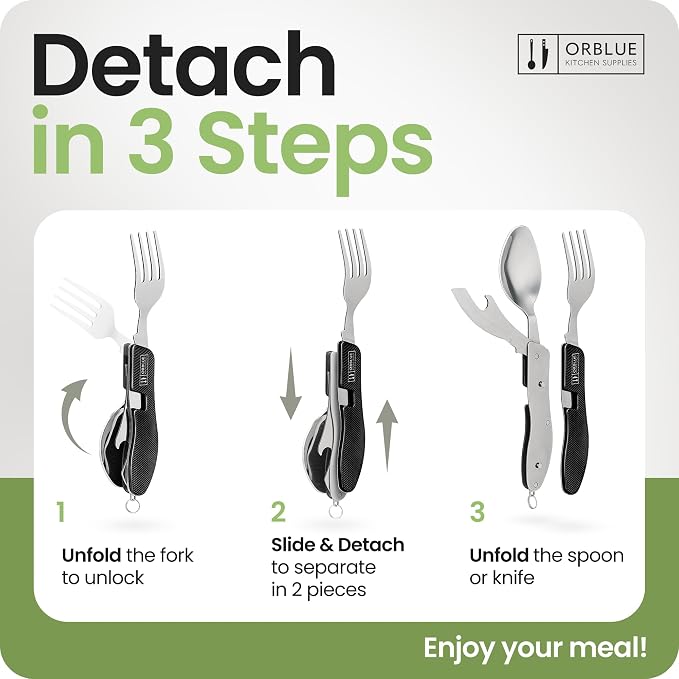 Orblue 4-in-1 Camping Utensils, 1-Pack, Portable Stainless Steel Spoon, Fork, Knife & Bottle Opener Combo Set - Travel, Backpacking Cutlery Multitool, Black