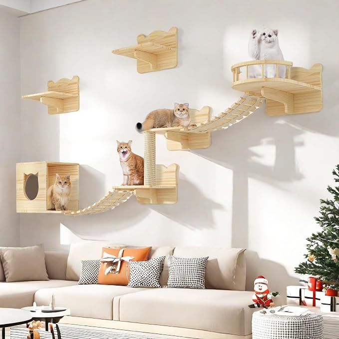 Cat Wall Shelves, 9 in 1 Wood Cat Wall Furniture Set with Bridge | Stable & Safe Wall Mounted Cats Shelf Furniture with Scratching Posts, Floor Space-Saving Cat Climbing Systems, Burlywood