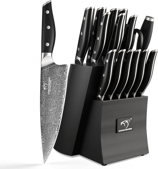 Damascus Knife Set with Block for Kitchen, VG10 Core Damascus Steel Chef Knife Set with Triple-Rivet Handle, Knife Sharpener, 16PCS with Ash Wood Knife Block