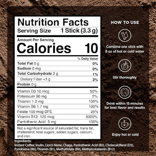 VitaCup Focus Mushroom Coffee Instant Packets, for Memory & Clarity Support, w/Fiber, Chaga, Lion’s Mane, D3, B Vitamins, Medium Roast, 100% Arabica & Robusta Coffee in Single Serve Sticks, 72 Ct