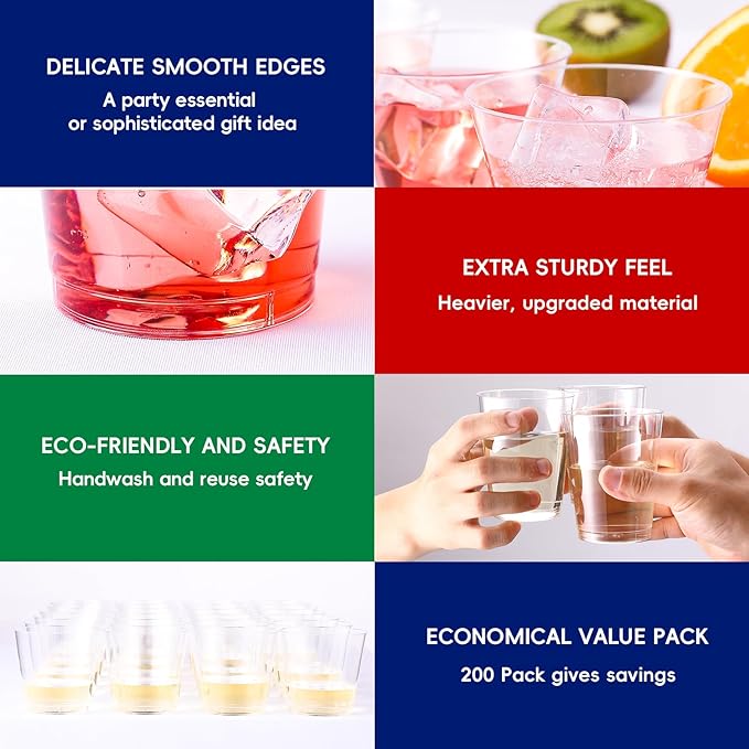 JOLLY CHEF 10 oz Clear Disposable Plastic Cups 200 Pack, Clear Plastic Cups Tumblers, Heavy duty Party Glasses, Disposable Cups for Wedding, Thanksgiving, Christmas Party