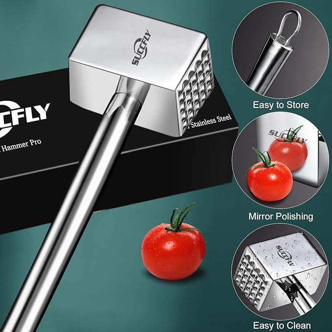 SUCCFLY Stainless Steel Meat Tenderizer Tool, Heavy Duty Meat Mallet 1.65LB | Dual-Sided Weighted Meat Pounder Hammer with Extended handle, Effortless Tenderizing Chicken Steak Poultry, Dishwasher Safe