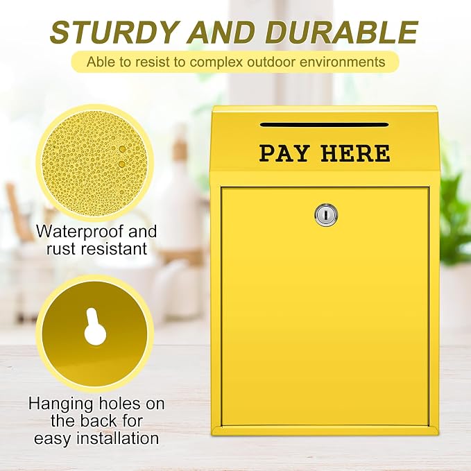 Yaocom Safe Metal Cash Box for Farm Stand – Money Drop and Secure Donation Collection, Wall Mount Lockable Unit with Pre Drilled Holes for Outdoor Self Serve(Yellow,11.8 x 8.6 x 4.7 Inch)