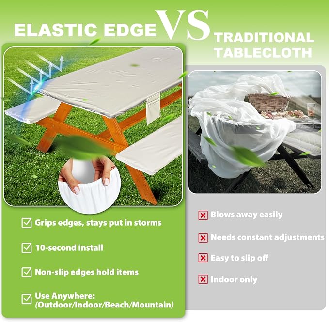 Wrakus Picnic Table Cover with Bench Covers Vinyl Elastic Edges Fitted Rectangle Seat Tables Waterproof 3-Piece96X30in Set Outdoor Rectangular Folding Backing Tablecloth for Camping Over Size