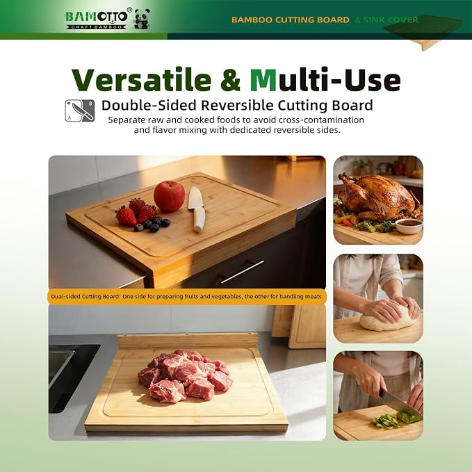 BAMOTTO CRAFTBAMBOO Bamboo Cutting Board 17.7"x15.8" for Kitchen | Detachable Front Lip for Counter Stability | Reversible Dual-Sided Juice Grooves | Sink & Stovetop Cover