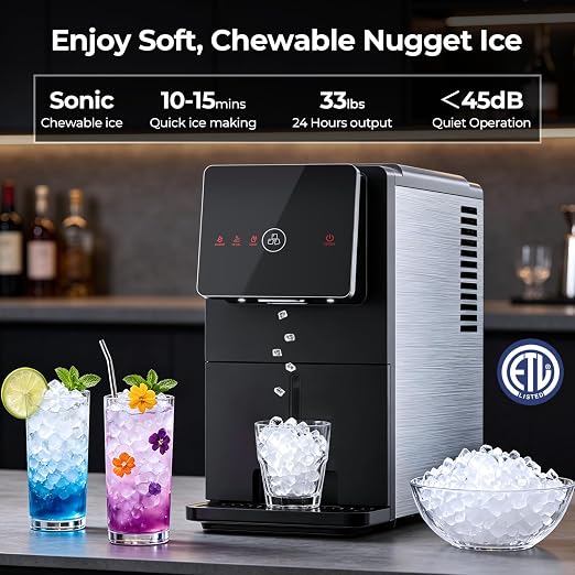 Antarctic Star Nugget Ice Maker Countertop, 33 Lbs/24H, Automatic Ice Dispenser, Self-Cleaning Portable Ice Machine, 1.8L Water Tank, Touch Screen & Auto Ice Drop, for Home/Office/Kitchen