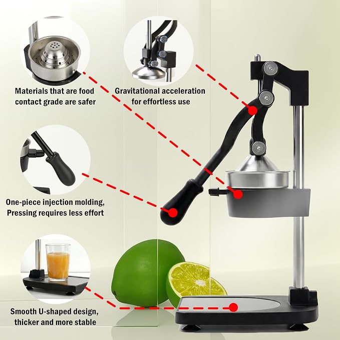 Cast Iron Juicer – Heavy Duty Manual Citrus Juicer, Professional Orange Press, Stainless Steel Lemon Squeezer & Lime Juice Extractor (Gray-Base-Style)