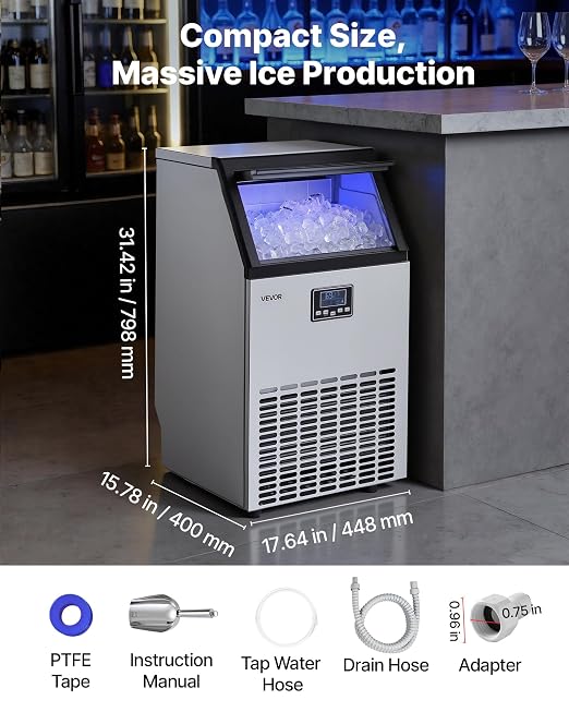 VEVOR Commercial Ice Maker Machine, 100 lbs/24h with 26 lbs Storage Capacity, Crescent Ice,Built-in/Freestanding/Under Counter, Stainless Steel Ice Maker with LED Display for Home Bar Restaurant