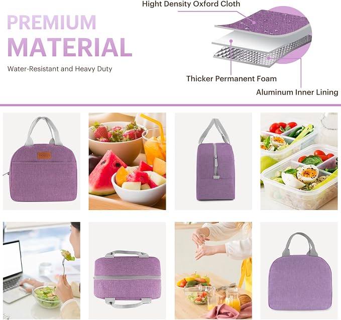 Lunch Bag for Women & Men Adult Insulated Lunch Box, Small Leakproof Cooler Food Lunch Containers Reusable High Capacity Lunch Tote Bags for Work, Travel, Outdoor - Deep purple