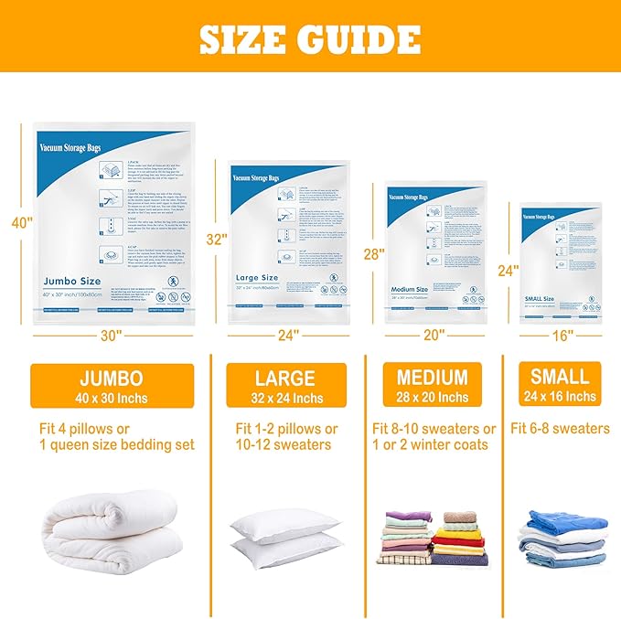 Vacuum Storage Bags 8 Large(31.49"x23.62"), Plastic Packaging Bags,Space Saver Sealer Bags, Airtight Compression Bags for Clothes, Pillows, Comforters, Blankets, Bedding