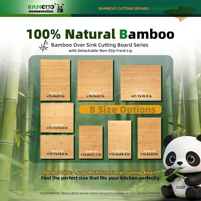 BAMOTTO CRAFTBAMBOO 12.6x22 Inch Bamboo Cutting Board, Over Sink | Detachable Non-Slip Front Lip | Reversible Dual Juice Grooves | Countertop Extension for Small Kitchen RV Camper Stove Cover