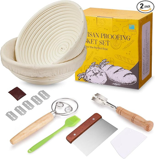 Banneton Bread Proofing Basket Banneton Basket Set Sourdough Proofing Basket Round Proofing Bowls Handmade Rattan Baskets and Liners (Round of 2 Gift Set)