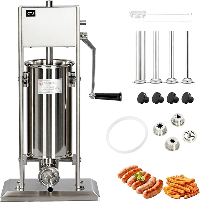 CTJ Sausage Stuffers Stainless Steel Sausage & Churro Maker 5L/11Lb | Manual 2 in 1 Sausage Stuffer & Churro Maker, 2-Speed Adjustable Vertical Sausage Maker, 4 Stuffing Tubes & Churros Nozzle