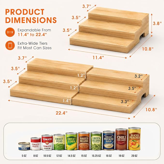Expandable Can Rack Organizer for Pantry Fits Up to 24 20-oz Canned Food | 3-Tier Can Storage Holder for Kitchen Cabinet, Solid Wood Canned Goods Pantry Organizer Shelf, Visible & Accessible Display