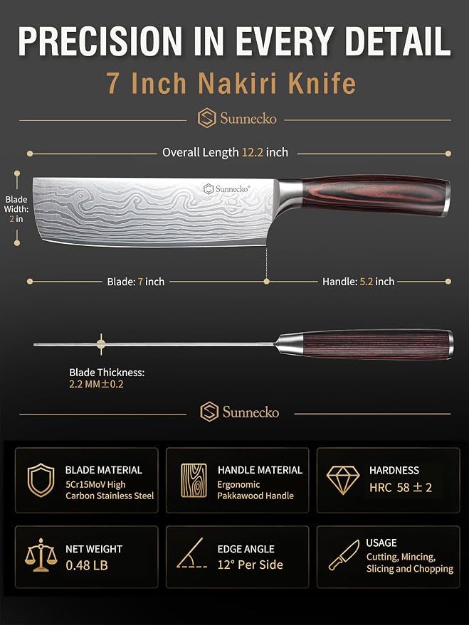 Nakiri Knife - 7" Chef Knife for Meat Cleaver Vegetable Chopping | 12° Edge Razor Sharp Kitchen Knife, High Carbon Steel Multipurpose Cleaver Knife with Sheath, Ideal Gift for Home Cooks Men