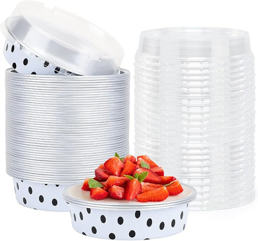Beasea Mini Tart Pans with Lids 50 Pack, 4” 8oz Disposable Aluminum Baking Foil Tins Round Small White Black Dot Container for Individual Cupcake Dessert Muffin Ramekin Cheesecake Quiche Oven Dishes