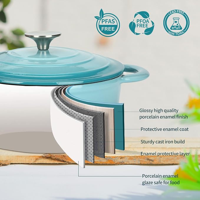 Enameled Cast Iron Dutch Oven, 5 QT Bread Baking Pot with Self Basting Lid, Non-stick Enamel Coated Cookware Pot, Great Christmas Gifts for Family, Teal