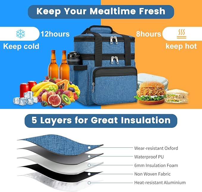 holuxer Insulated Lunch Bag & Lunch Box for Men - Double Deck Reusable Lunch Bag for Women Tote Cooler Bag Leakproof Soft Expandable - Large Lunchbox for Work/Adult/Picnic/Outdoor (Blue，15L)