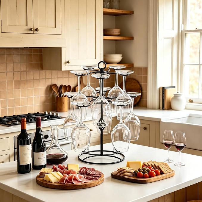 QPIX DIGITAL Wine Glass Rack 2 Tier 10 Holders Wine Glasses Stand, Black Champagne Tower Stand Countertop Tabletop Stemware Rack for Home and Bar Storage,Wine Glass Display Easy Assembly
