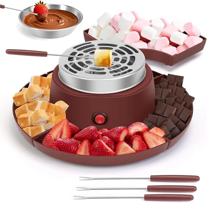 2 in 1 Smores Maker Tabletop Indoor Fondue Set, Smores Maker Tabletop Indoor Kit with Removable Trays & 4 Skewers Unique Couple Gift Set Idea, Parties, Date & Movie Night Supplies,Coffee Color
