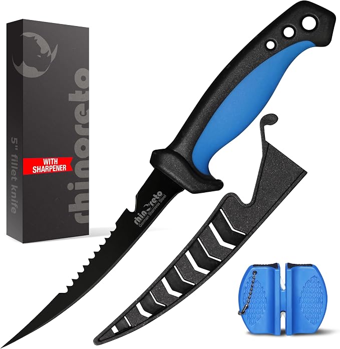 Rhinoreto Bait Knife - Razor Sharp G4116 German Stainless Steel Blade, 5 Inch Professional Filleting & Boning Knife with Non-Slip Handle, Protective Sheath & Sharpener
