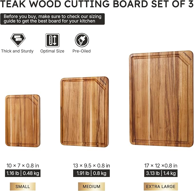 3 Pack Teak Wood Cutting Boards for Kitchen Wooden Chopping Board Non Toxic | Heavy Duty, Non Toxic, Serving, Hardwood, Over Sink, Thick Wooden Chopping Board, Large Big Small, Best Essential Gift, Fruit
