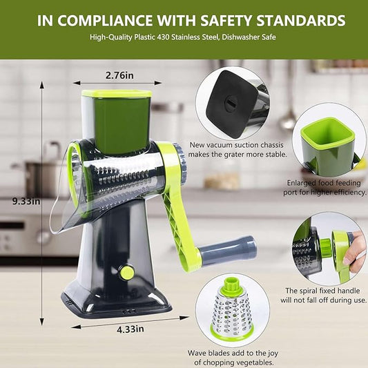 Rotary Cheese Grater with 3 Stainless Steel Blades, Hand Crank Vegetable Slicer, Suction Base, Green